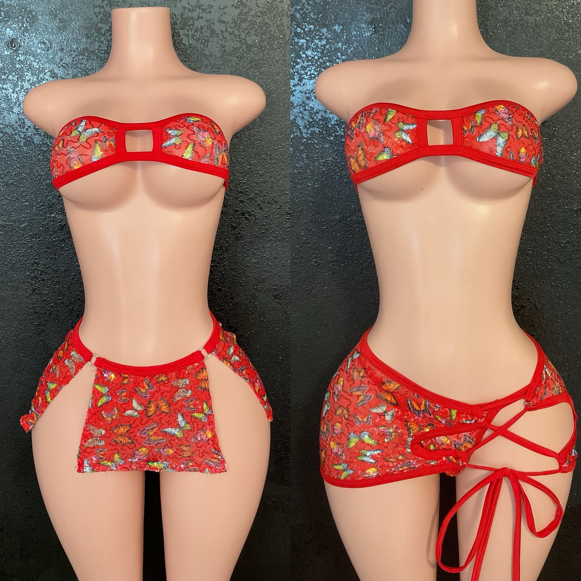 Sequin mesh skirt set butterfly