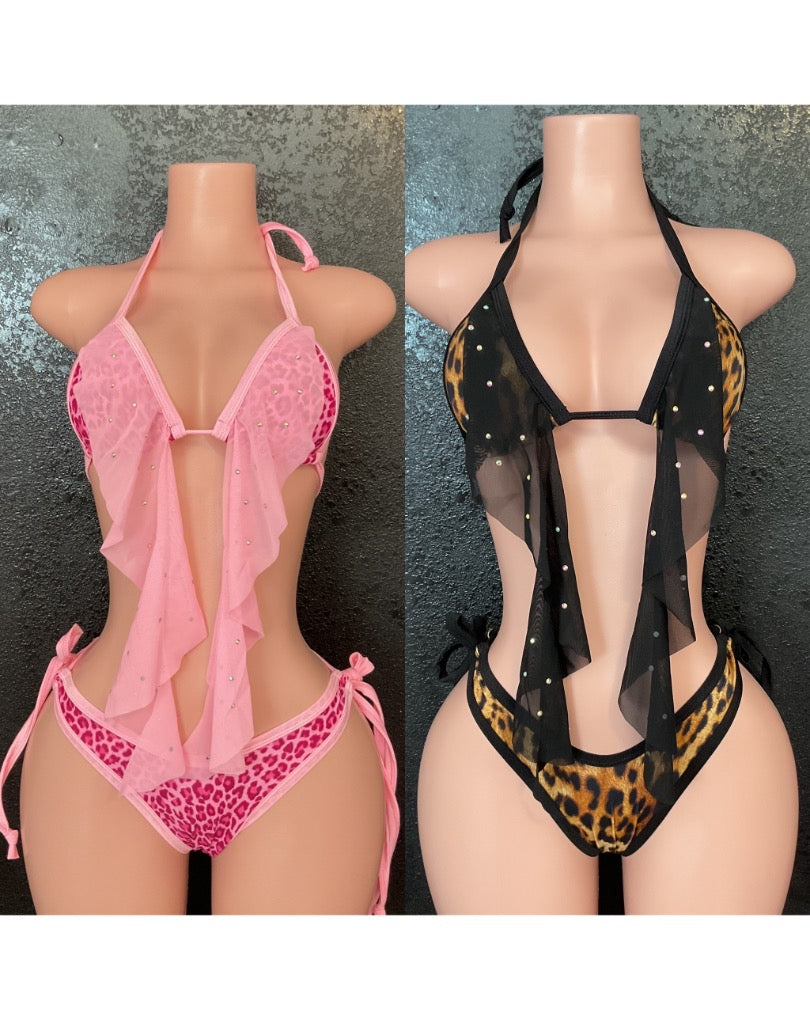 Leopard ruffle thong set