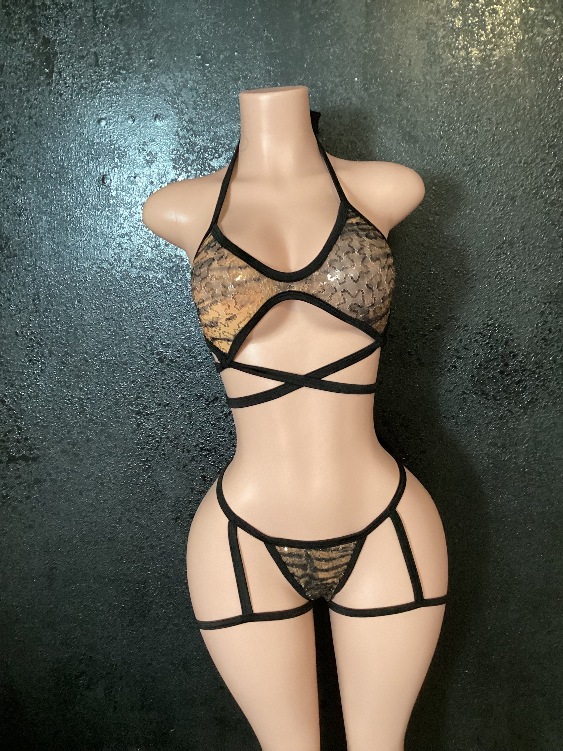 Sequin mesh garter thong set
