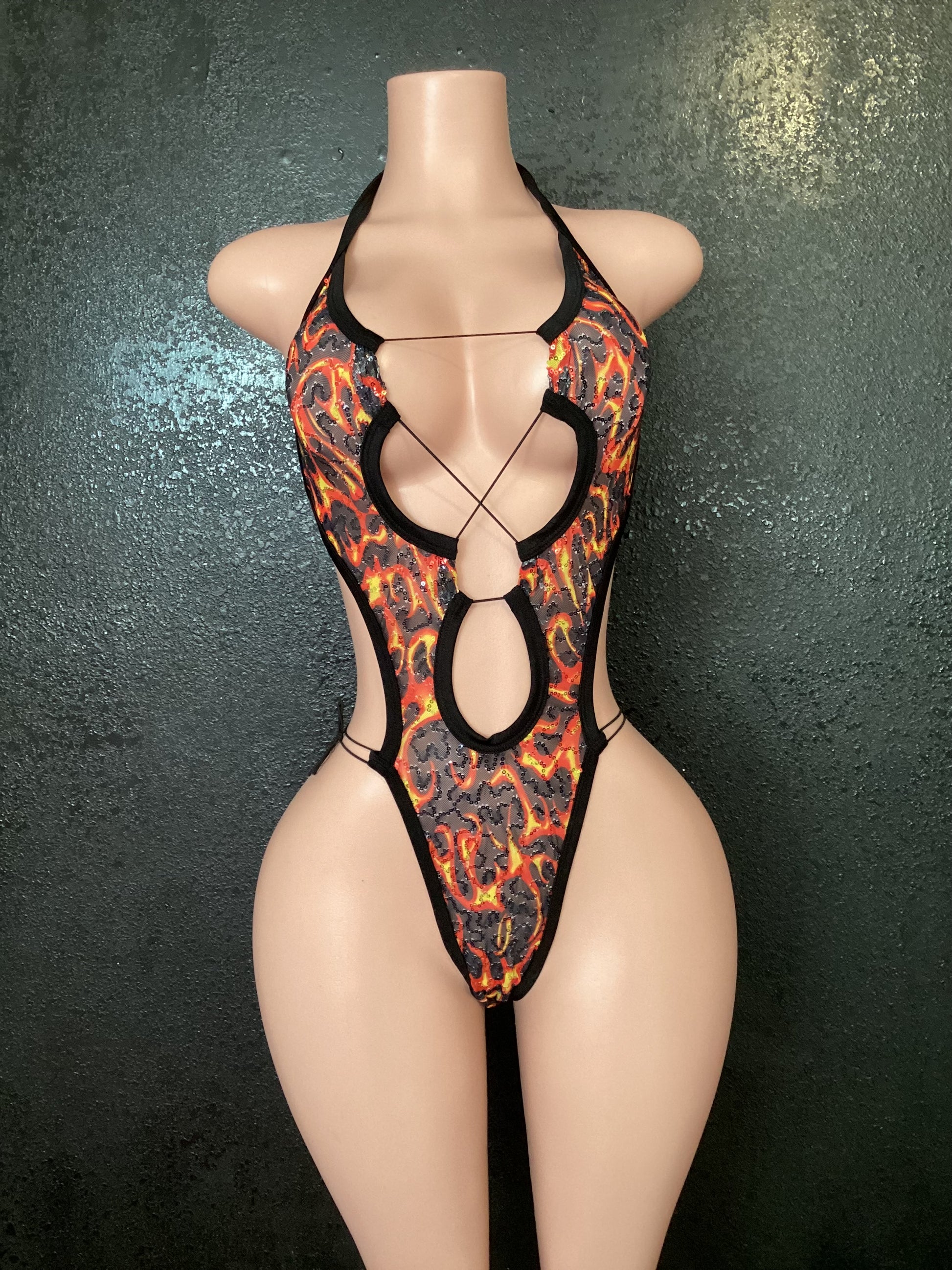Flame sequin mesh one piece
