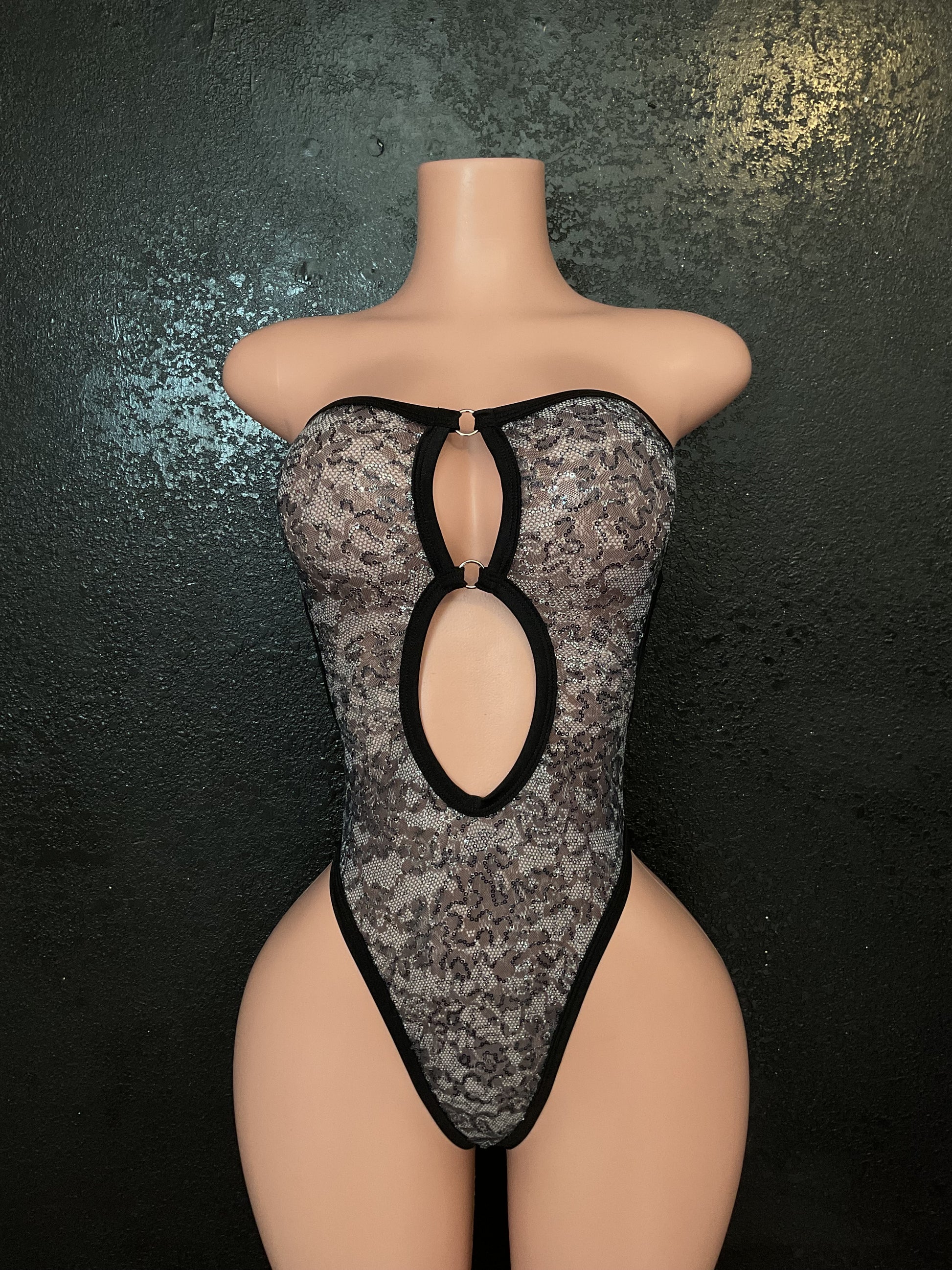 Sequin mesh lace print one piece