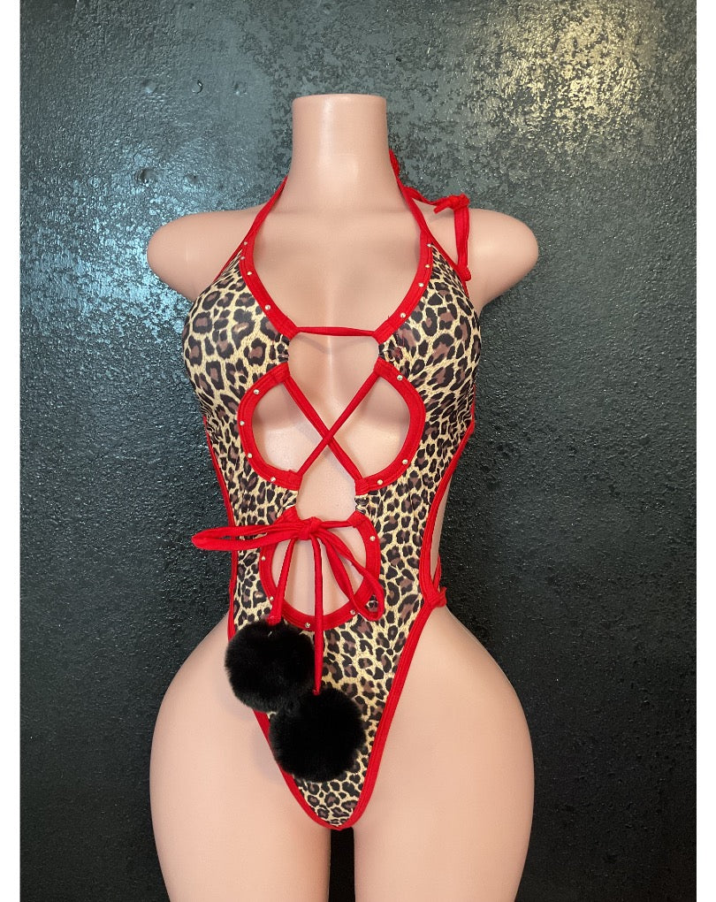 Leopard one piece g string Pom Pom