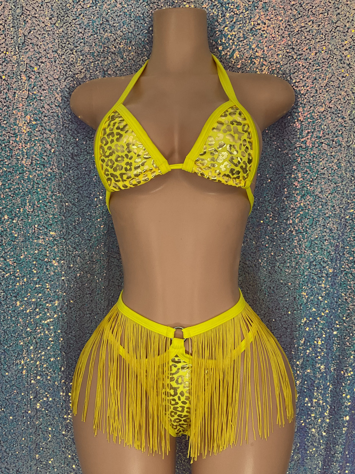 Yellow leopard fringe thong set