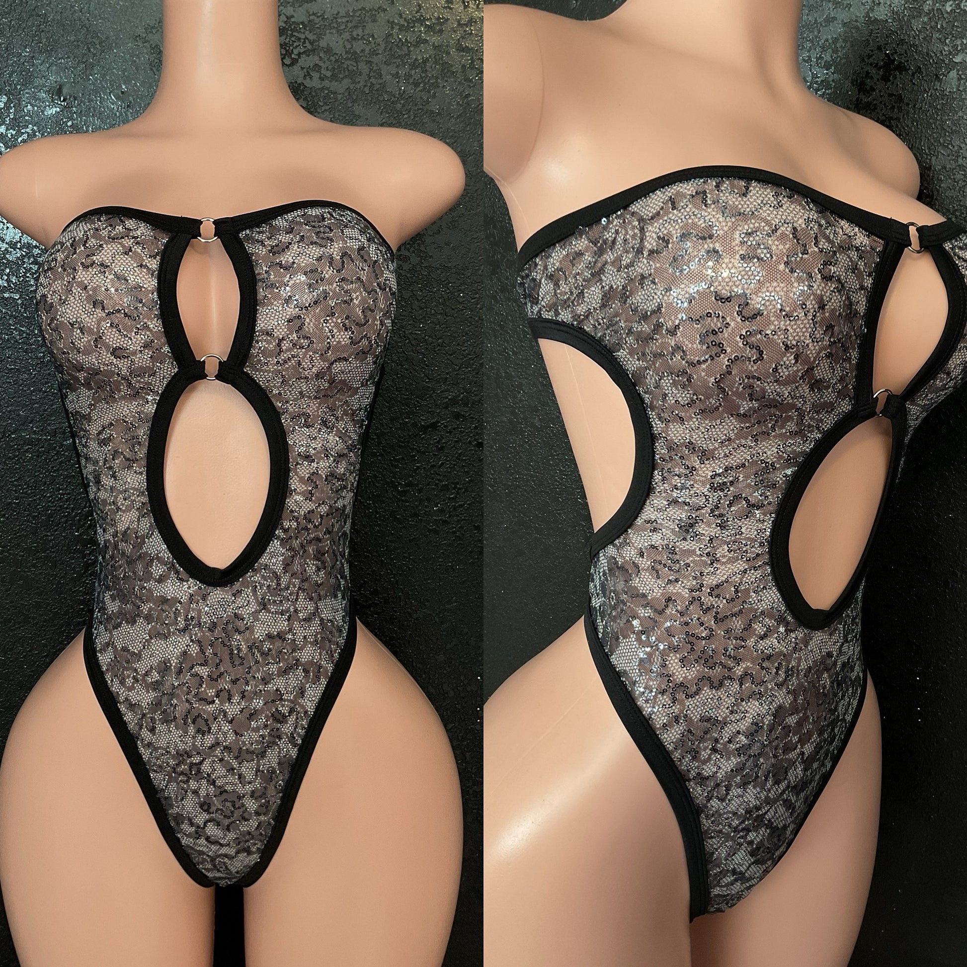 Sequin mesh lace print one piece