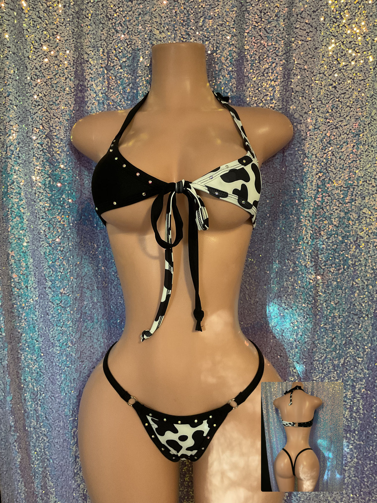 Cow print halter and g string bikini