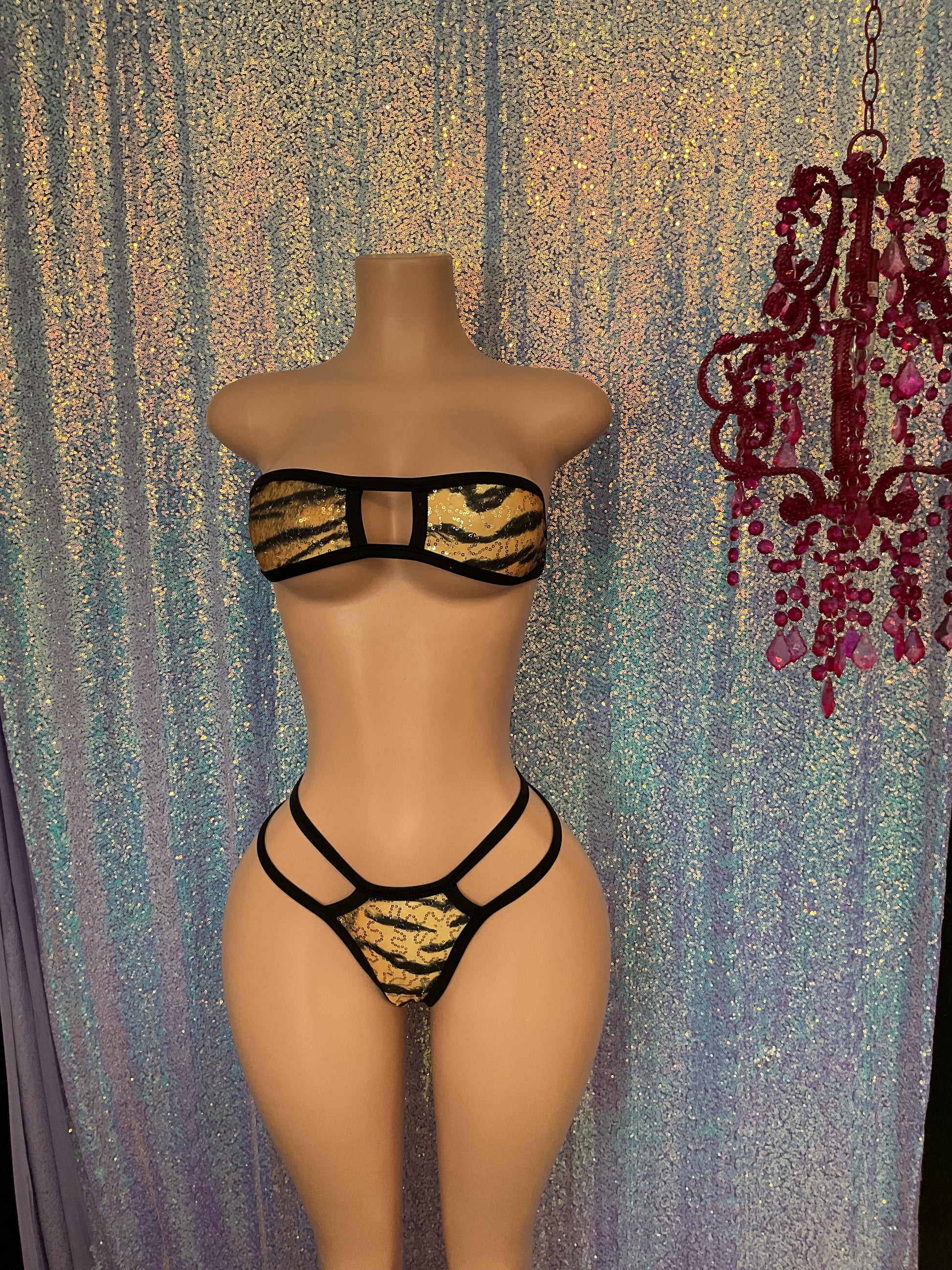 Tiger or leopard sequin thong