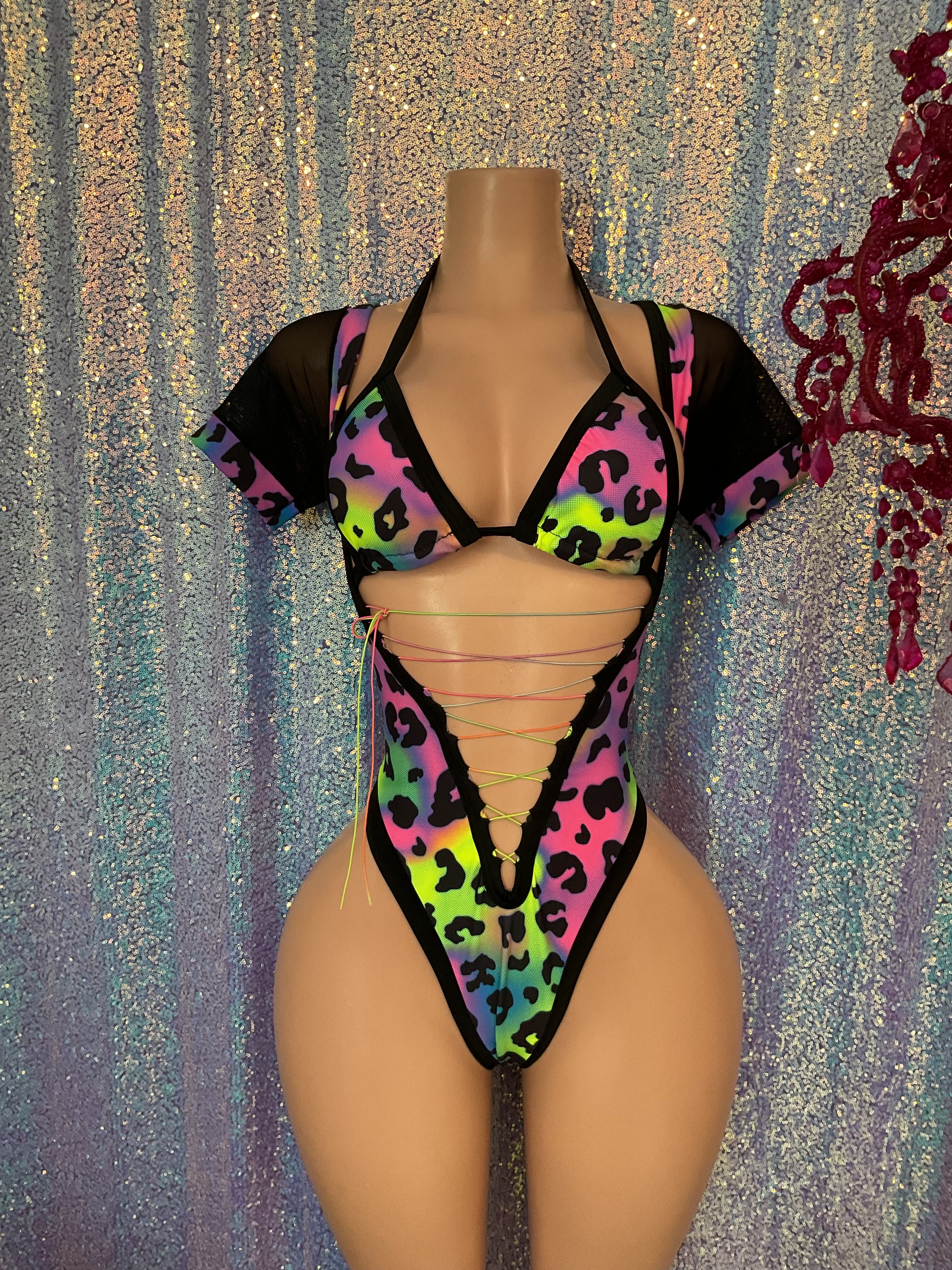 Short sleeve neon leopard romper