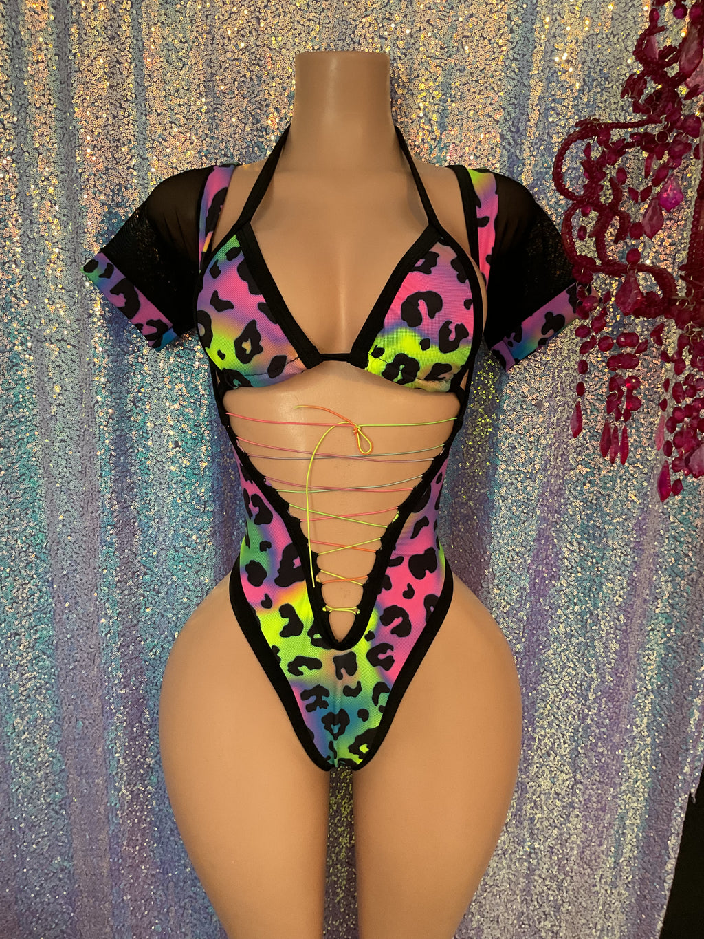 Short sleeve neon leopard romper