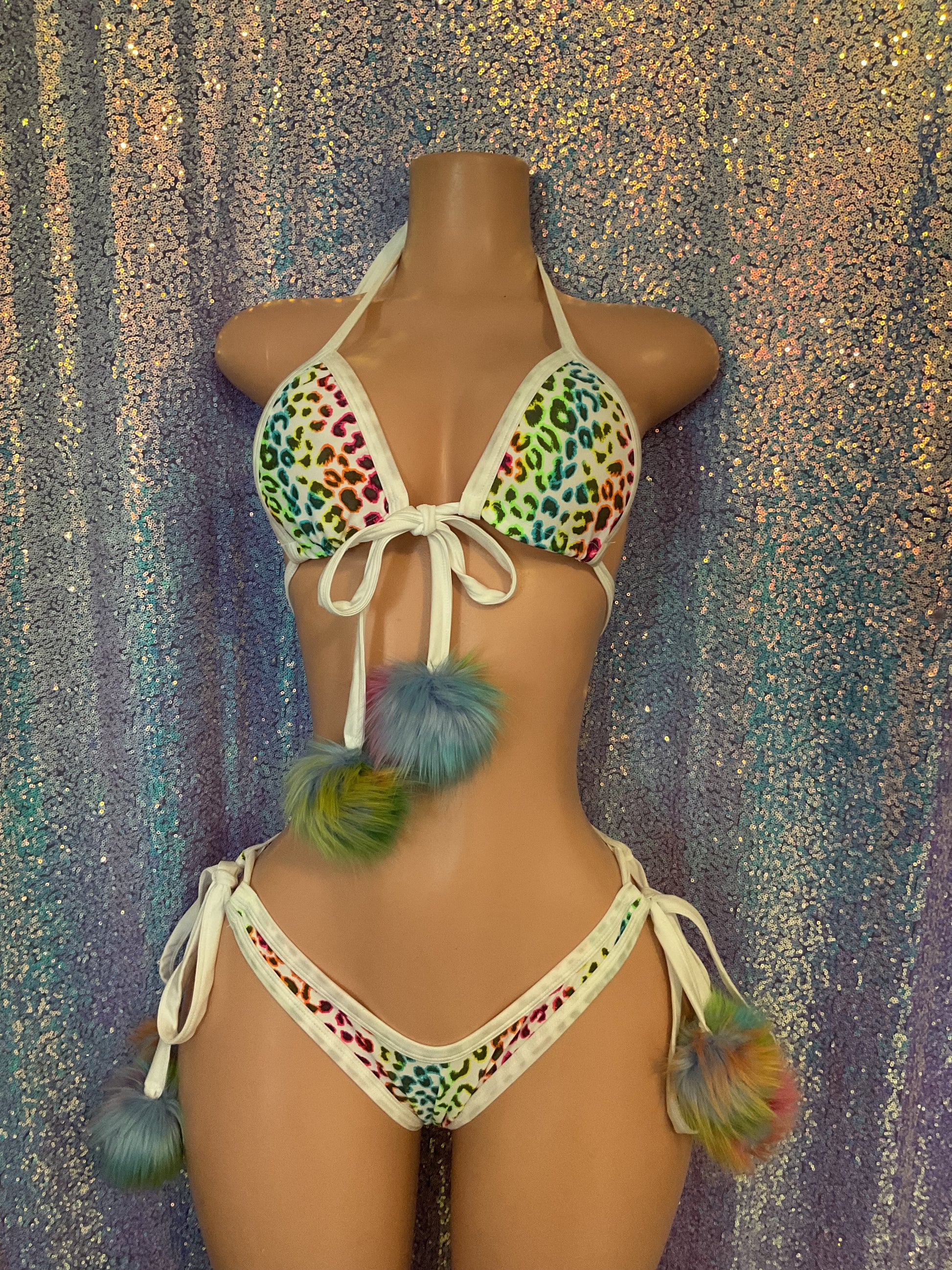 Pom Pom thong or booty shorts rainbow leopard