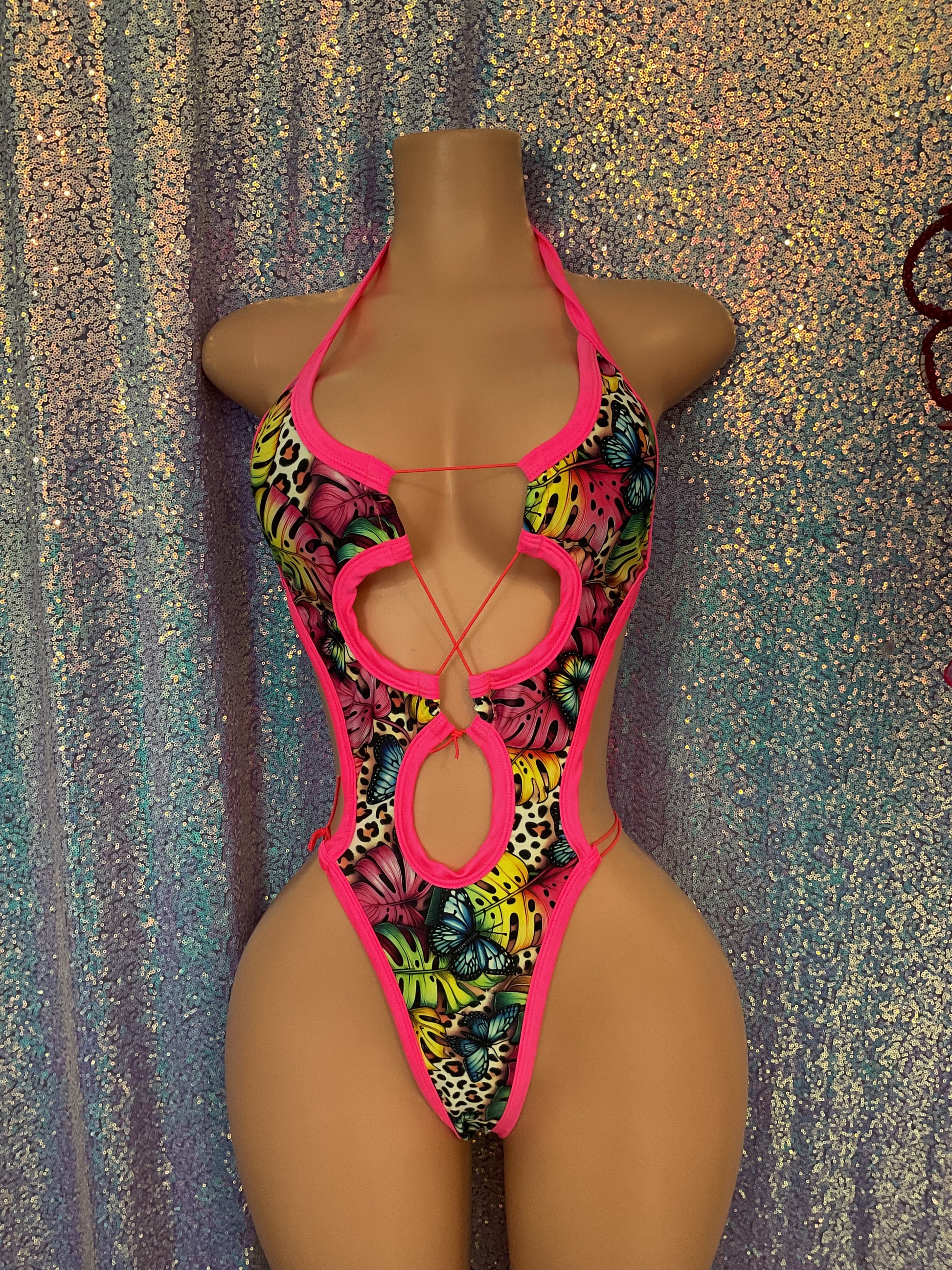 Tropical lace up thong one piece