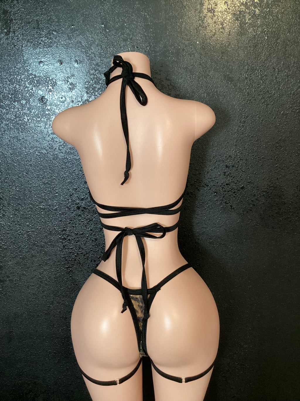 Sequin mesh garter thong set