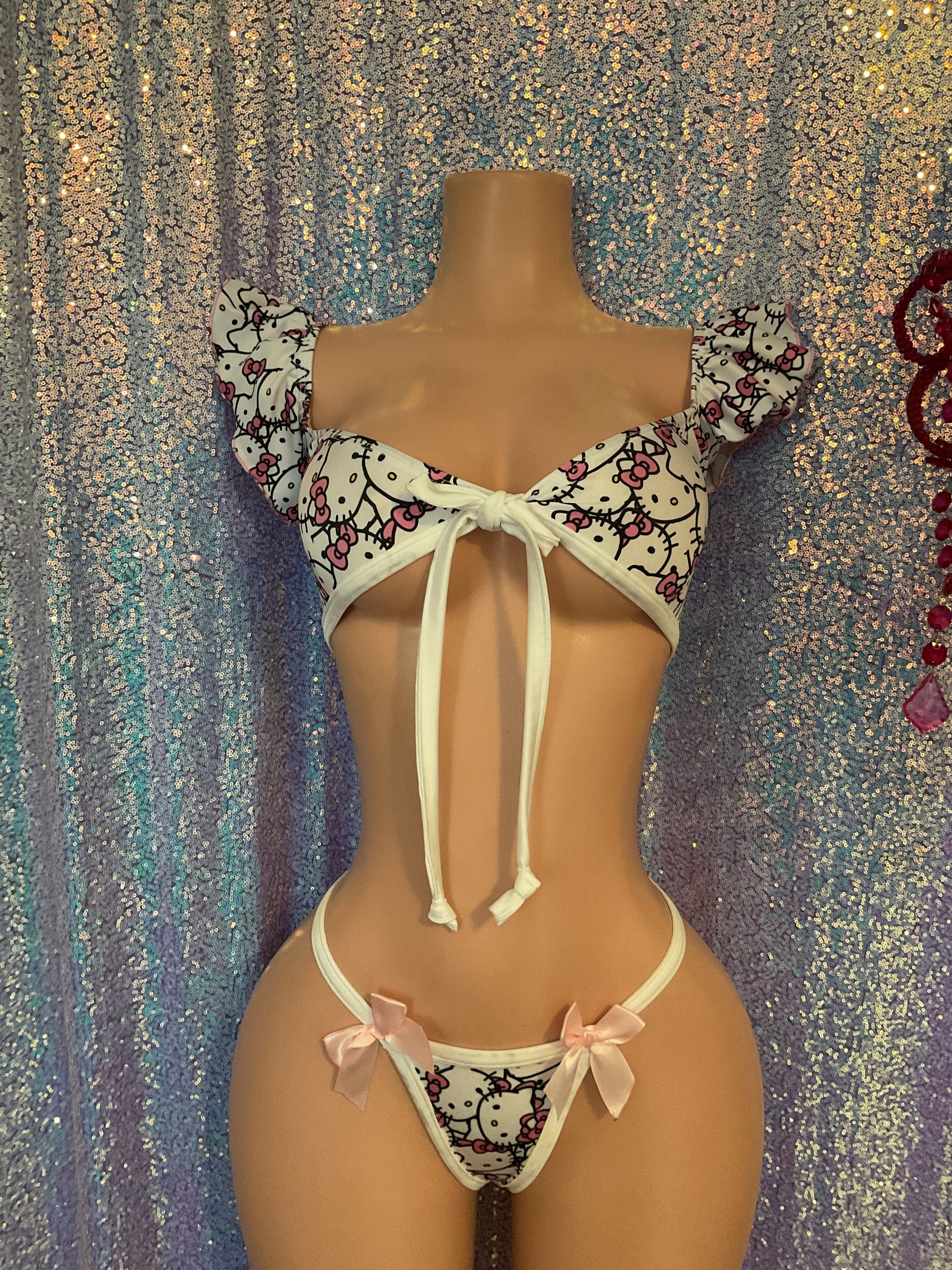 Ruffle top kitty print g string bikini