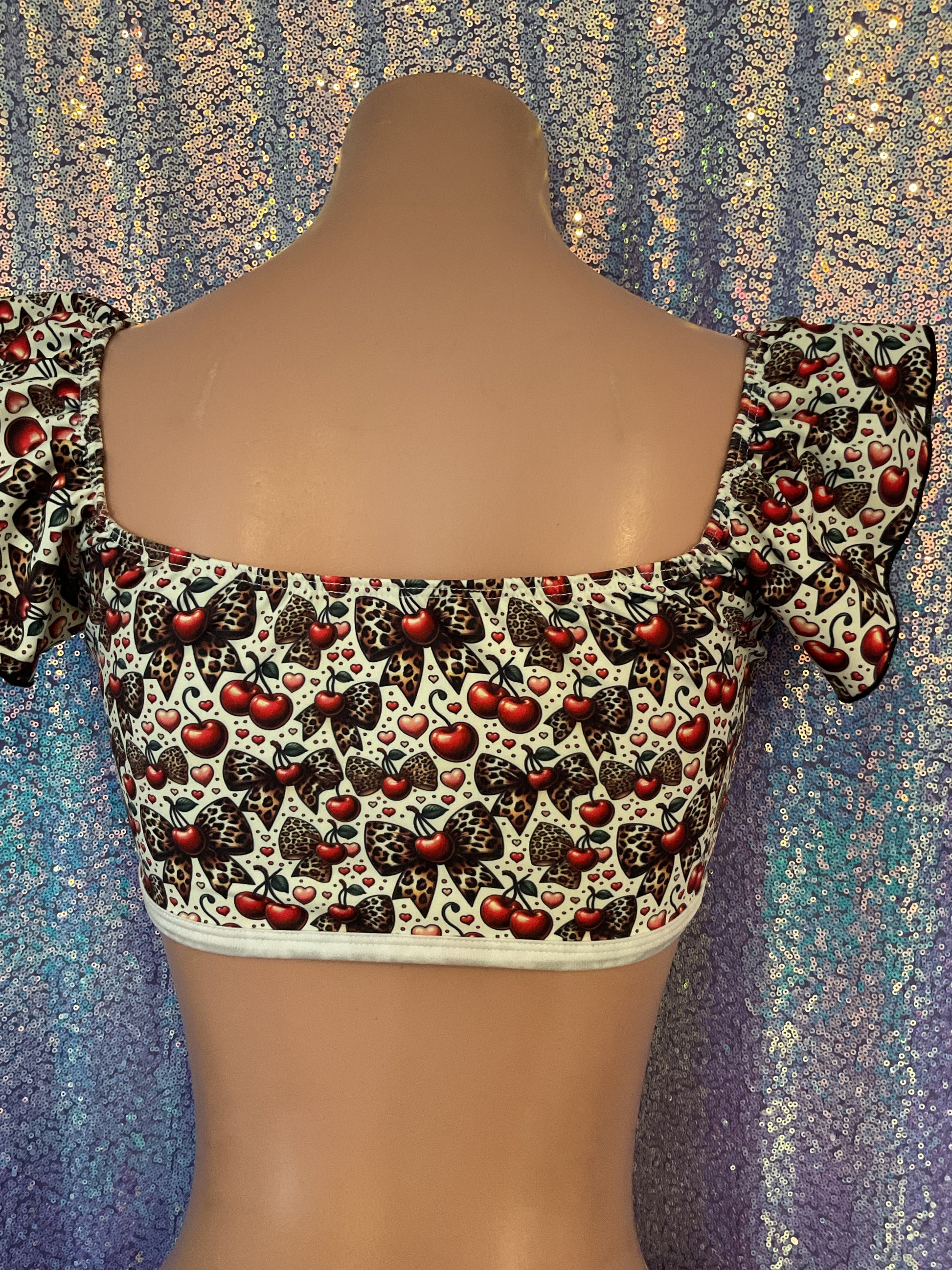 Ruffle sleeve cherry bow scrunch bottom