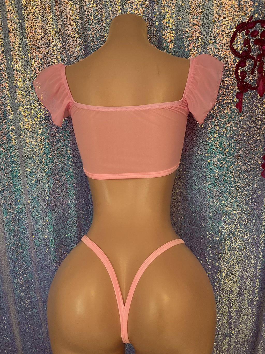 Ruffle sleeve candy print g string set