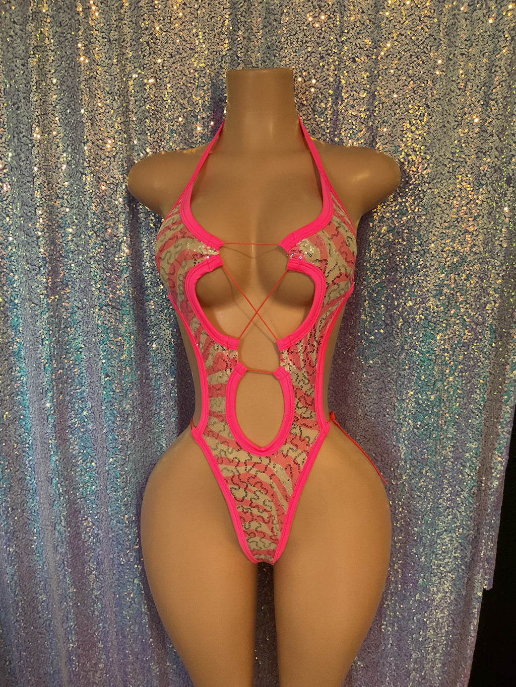 Sequin mesh lace up one piece