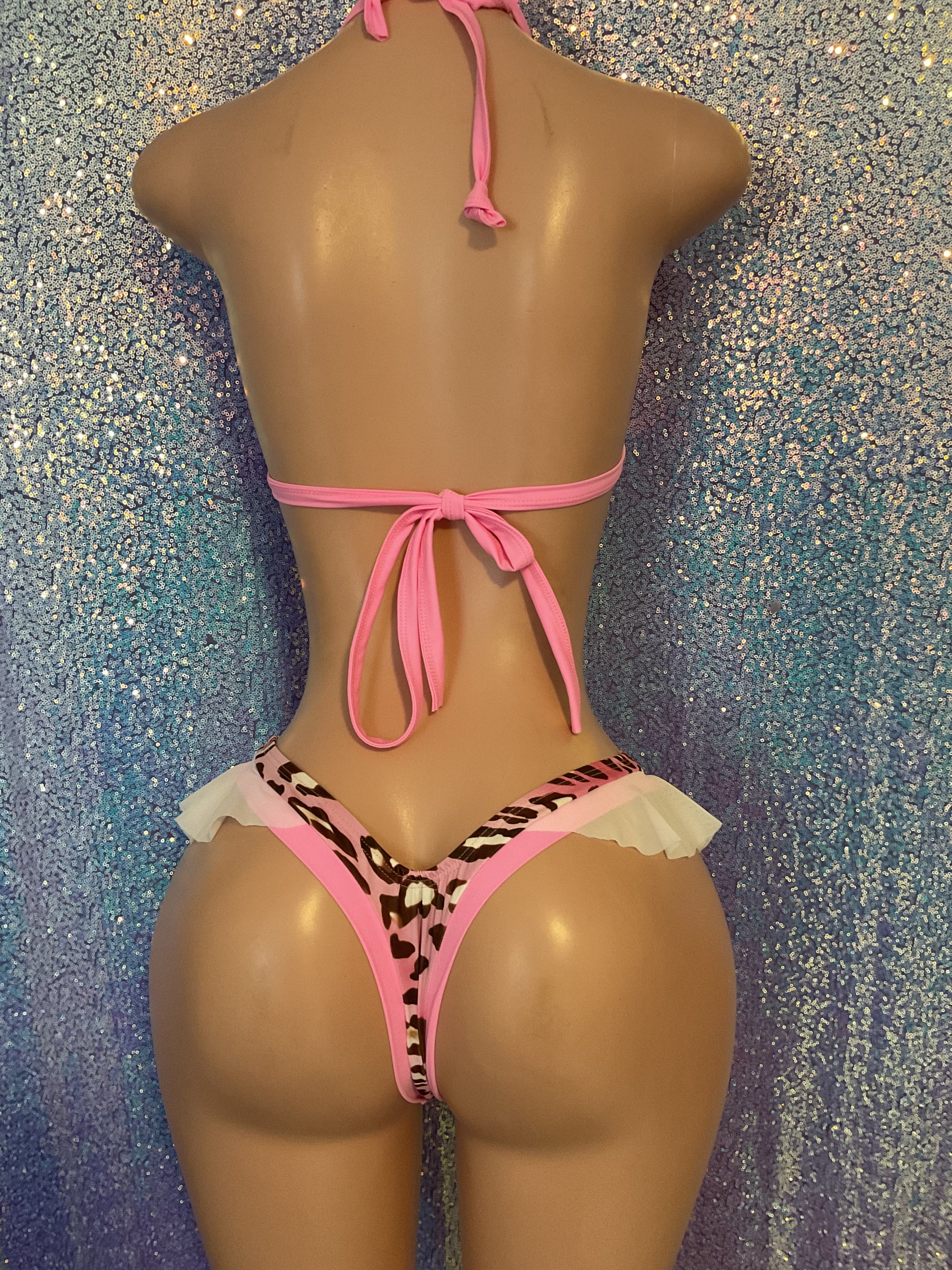 Ruffle thong set leopard