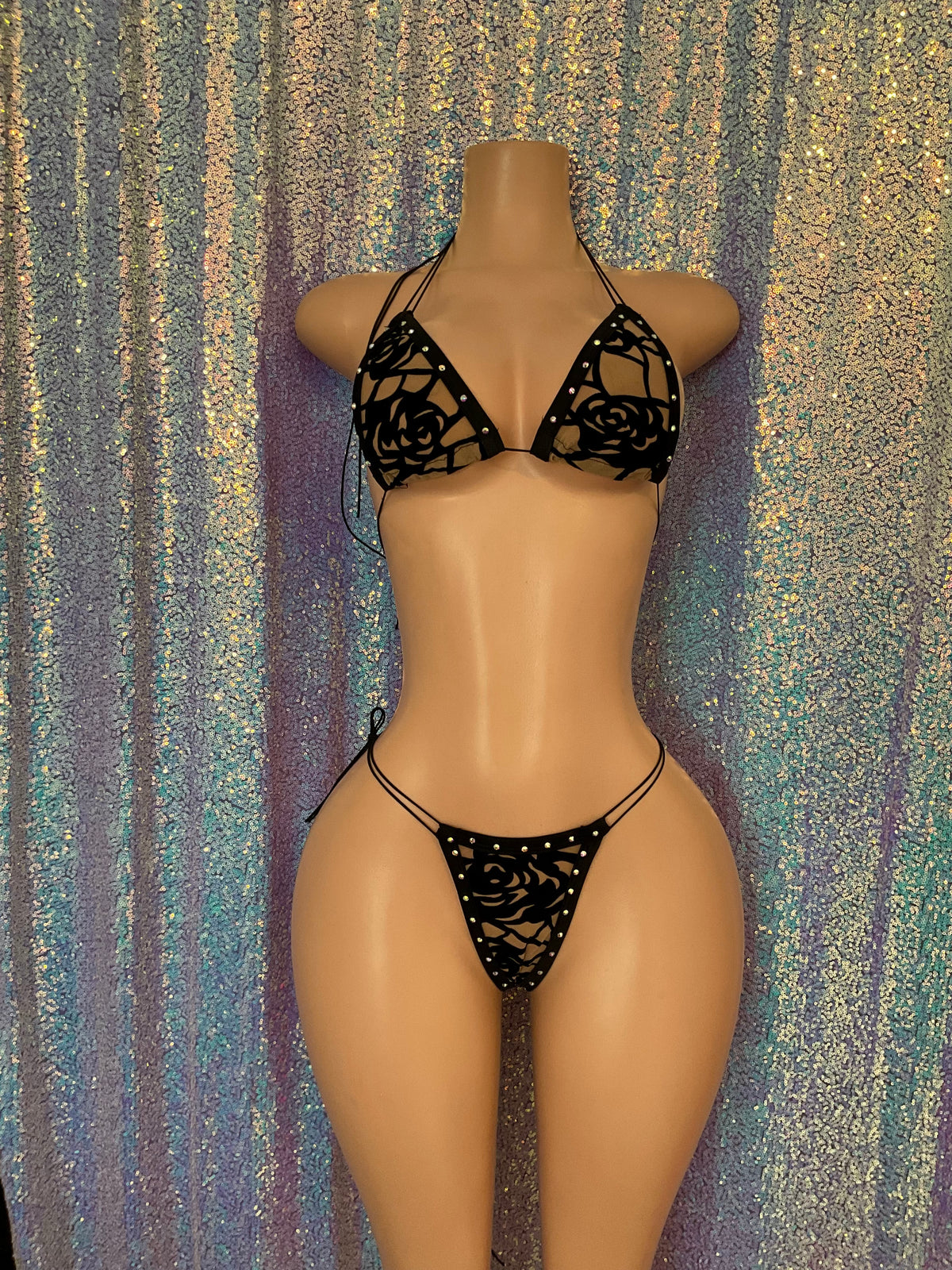 Mesh rose thong bikini