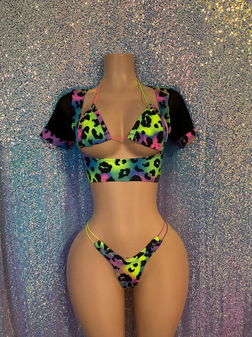 3 piece neon thong set leopard
