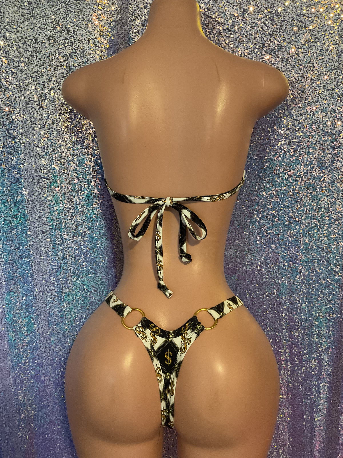 Money print thong tube bikini
