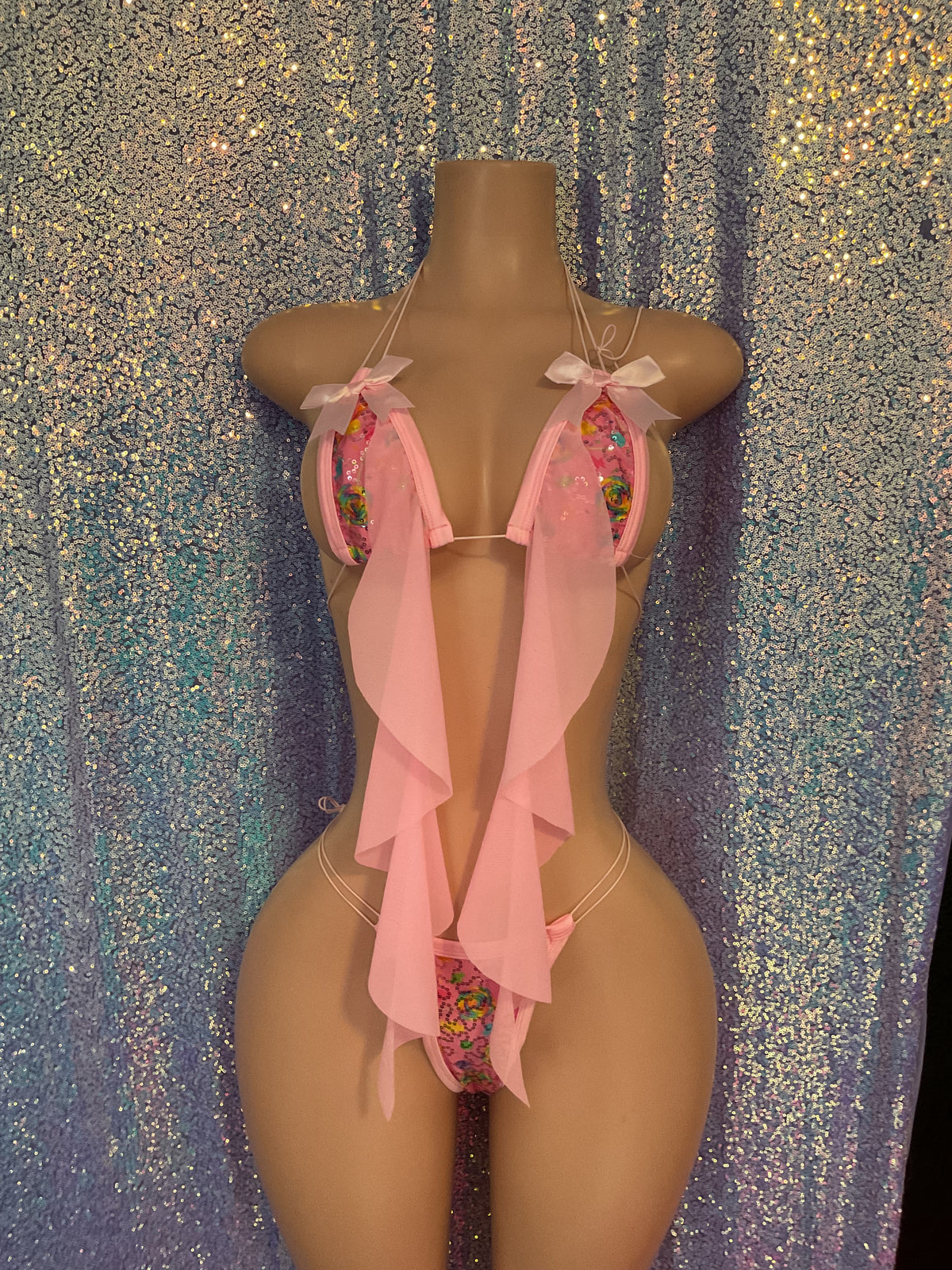 Candy sequin ruffle thong bikini
