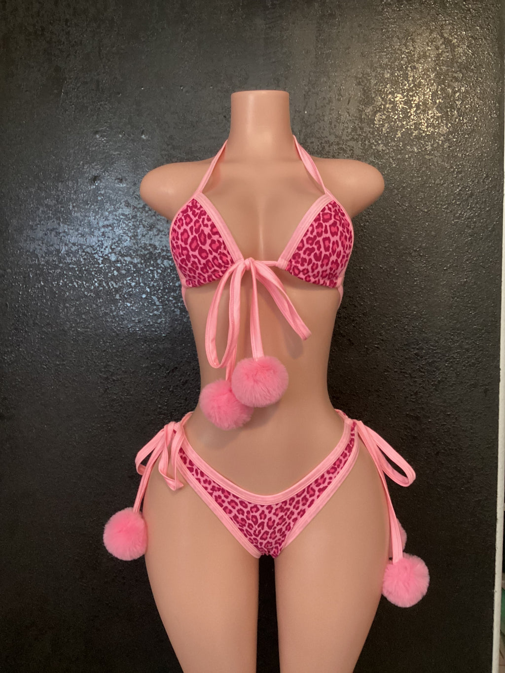 Pink leopard Pom Pom thong bikini