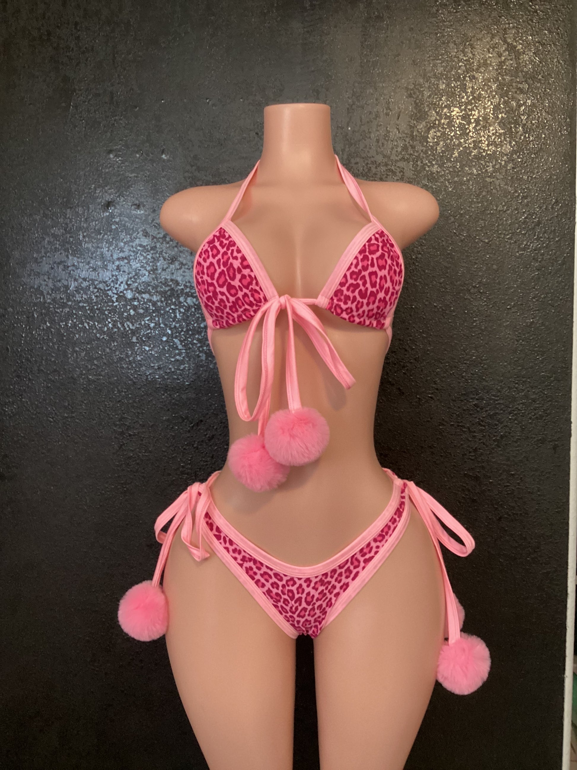 Pink leopard Pom Pom thong bikini