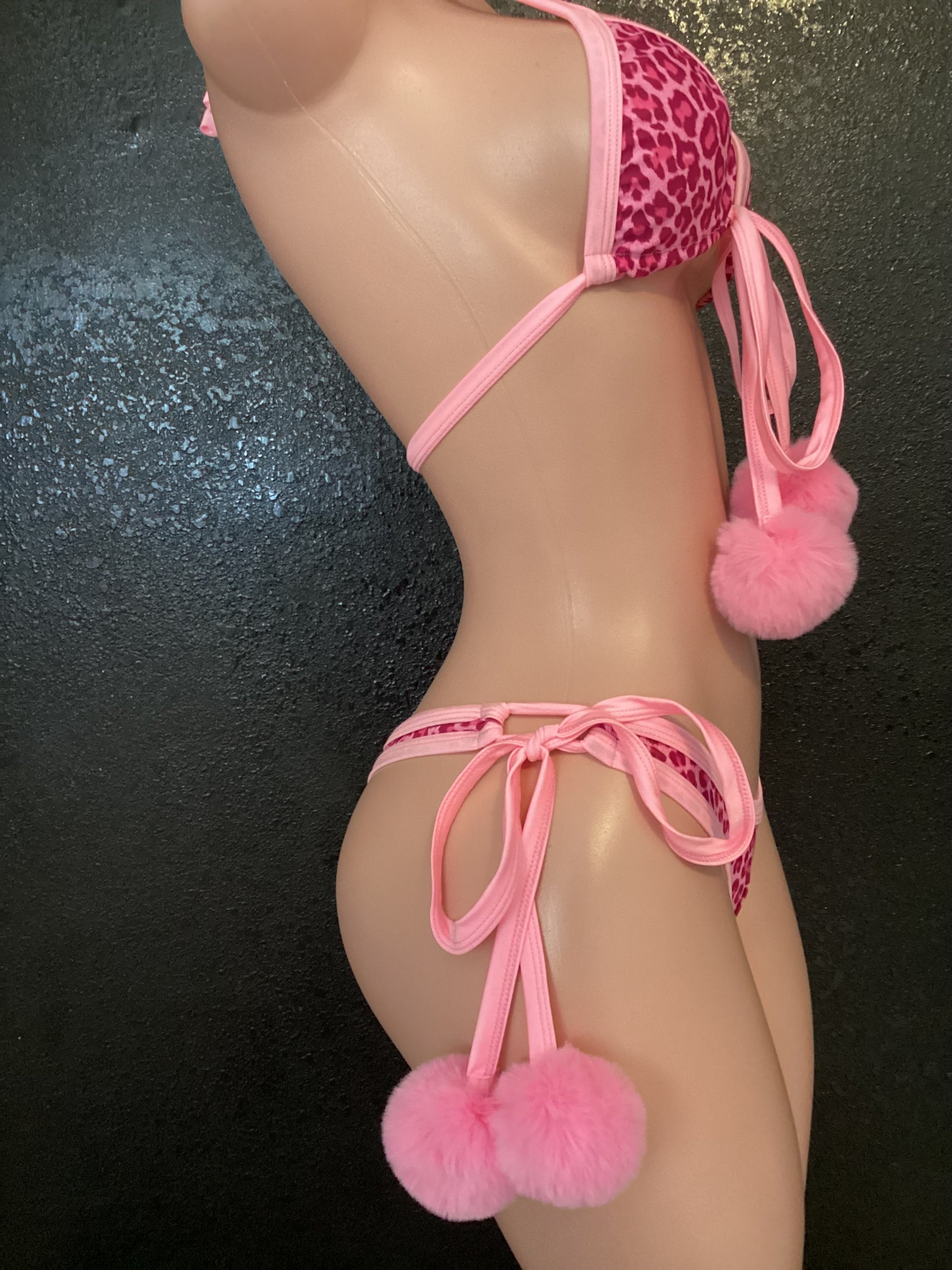 Pink leopard Pom Pom thong bikini