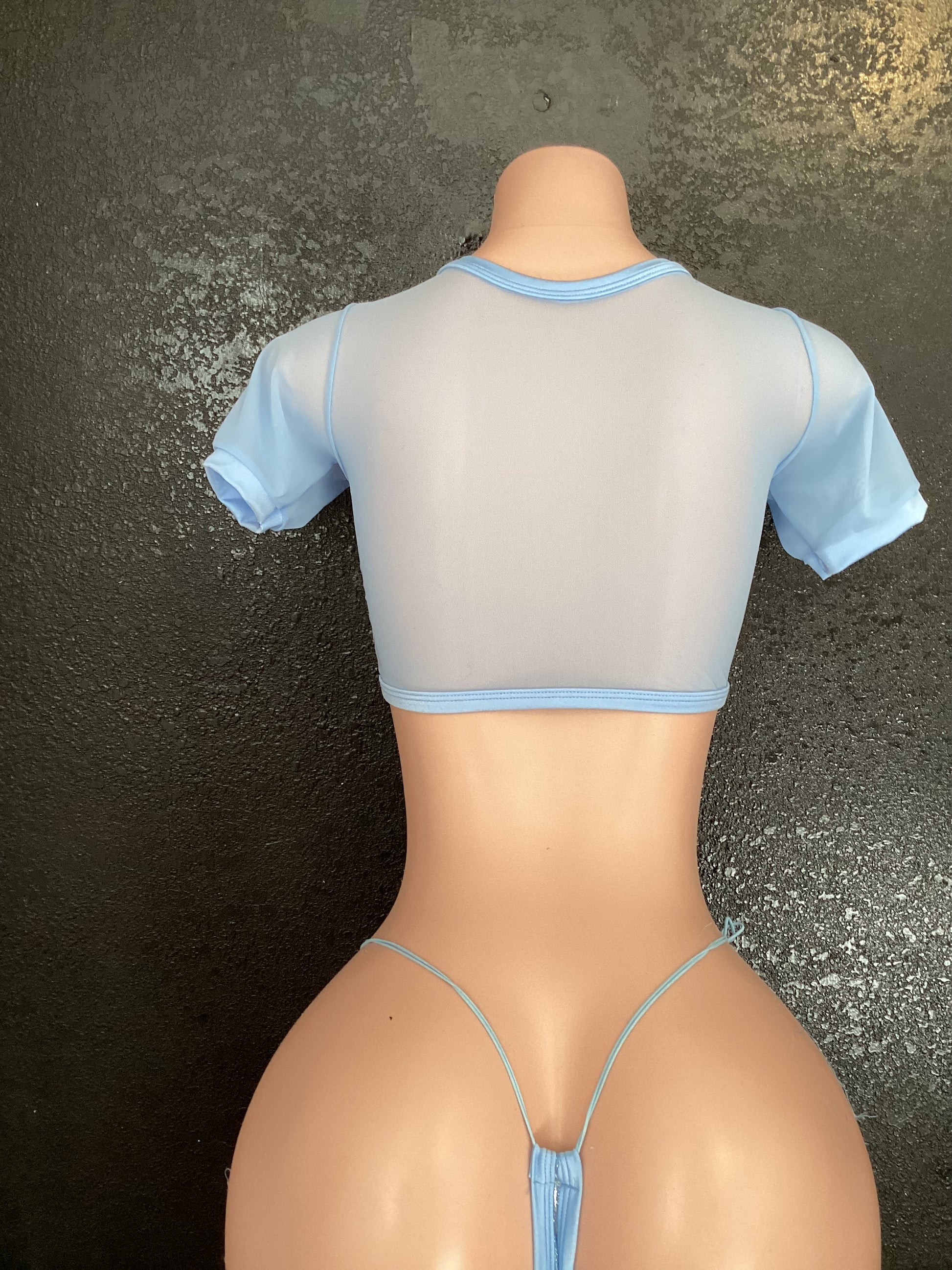 Short sleeve lace yo top and elastic thong