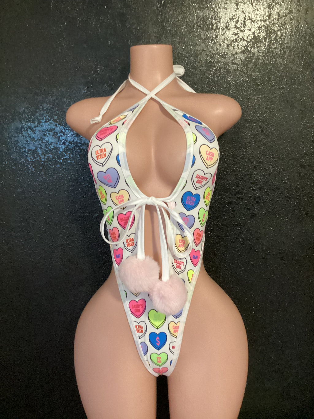 Tie front one piece heart fabric spicy saying