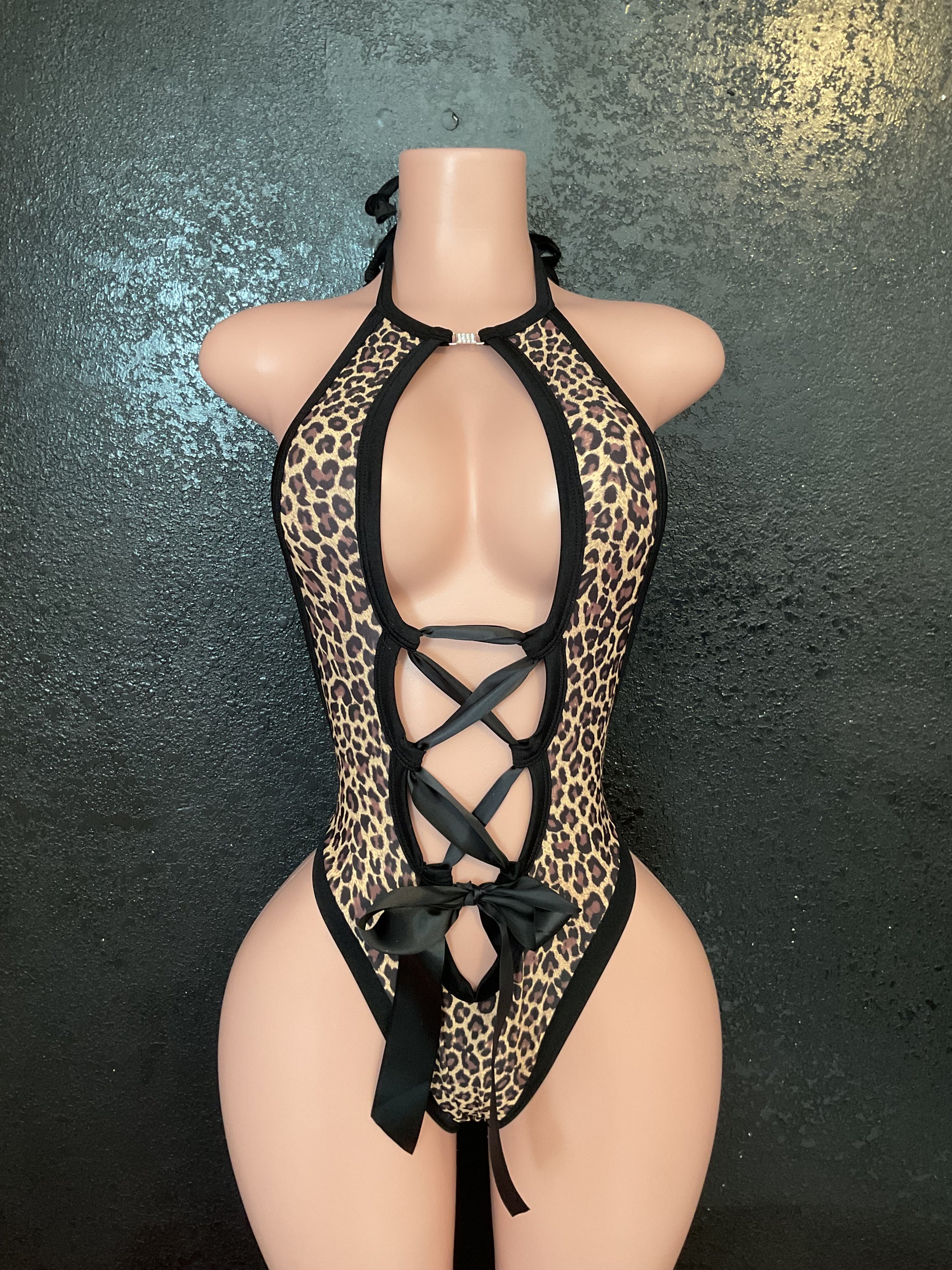 Bow lace up thong one piece leopard print