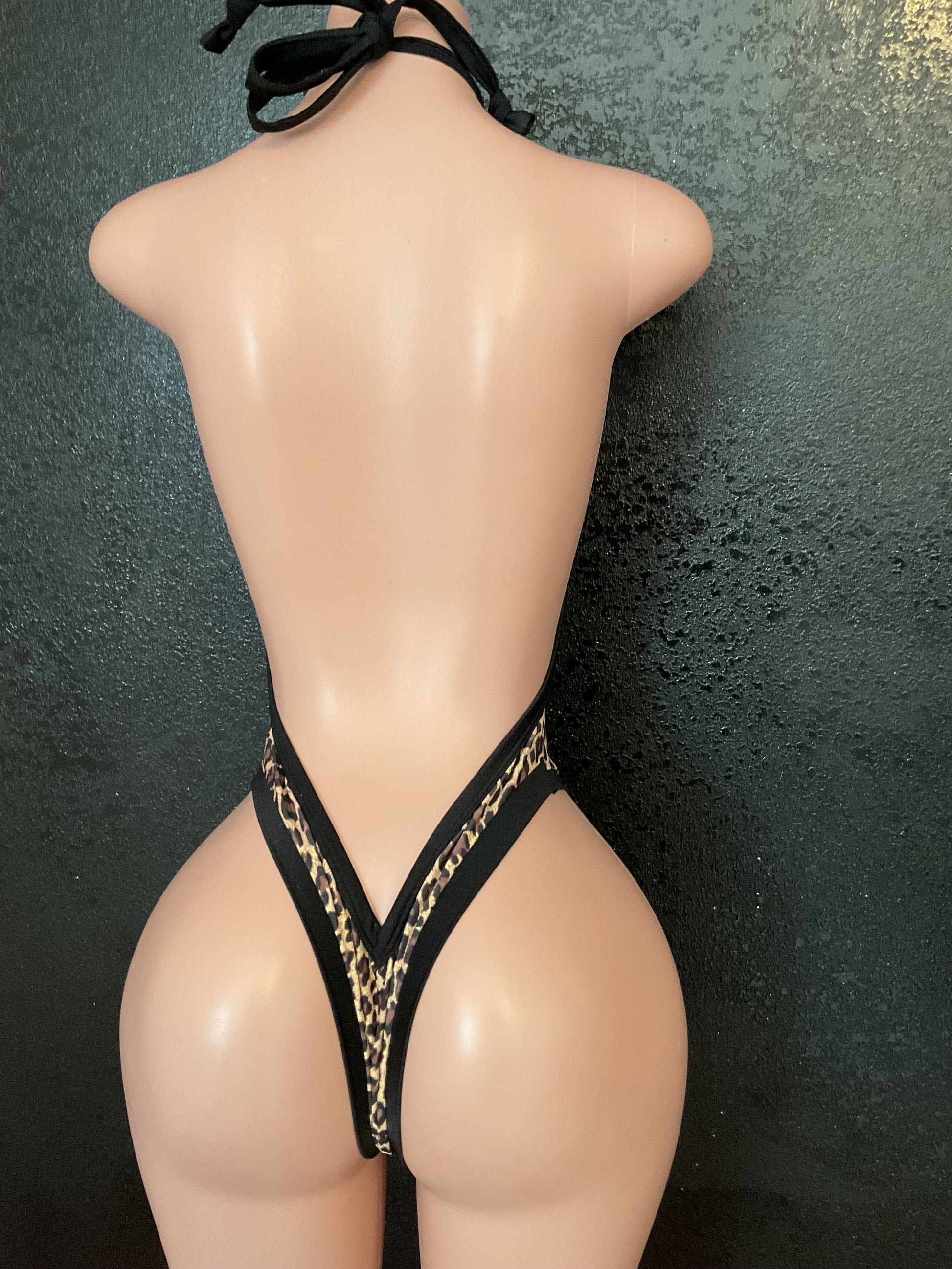 Bow lace up thong one piece leopard print