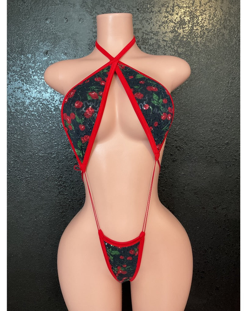 Sequin mesh cherry skirt and sling set