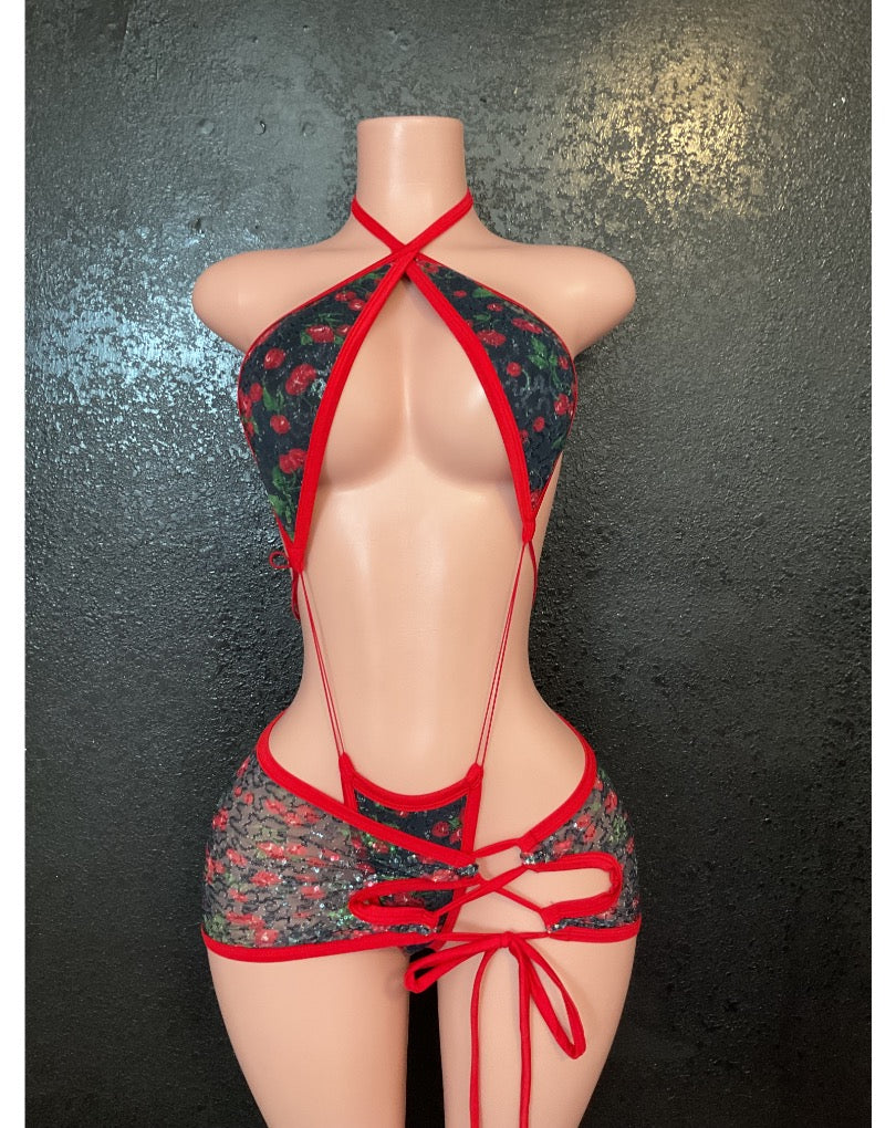 Sequin mesh cherry skirt and sling set