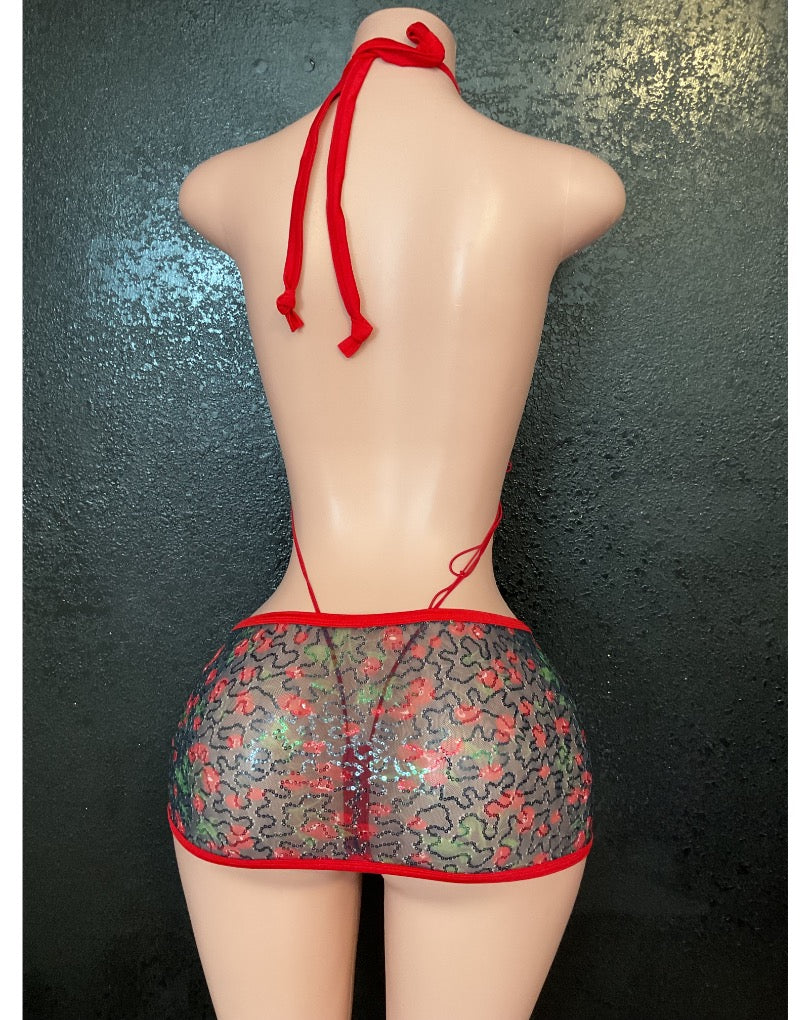 Sequin mesh cherry skirt and sling set