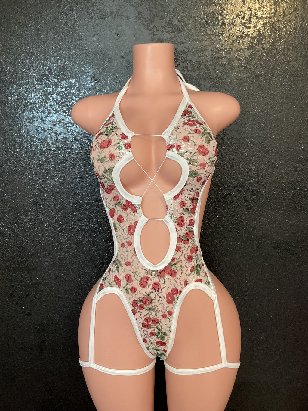 Cherry sequin mesh one piece