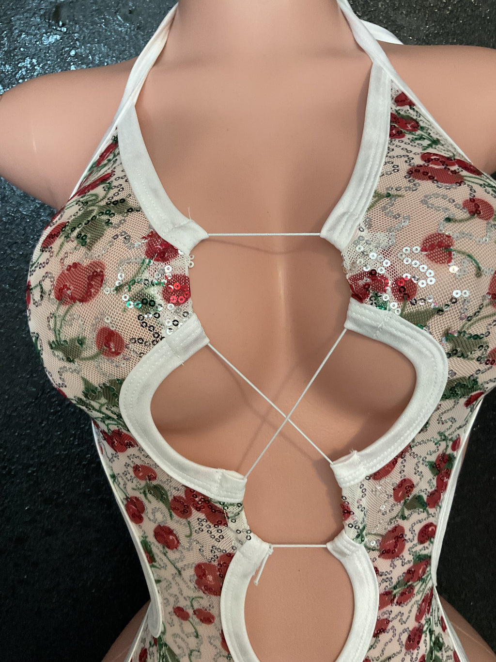 Cherry sequin mesh one piece