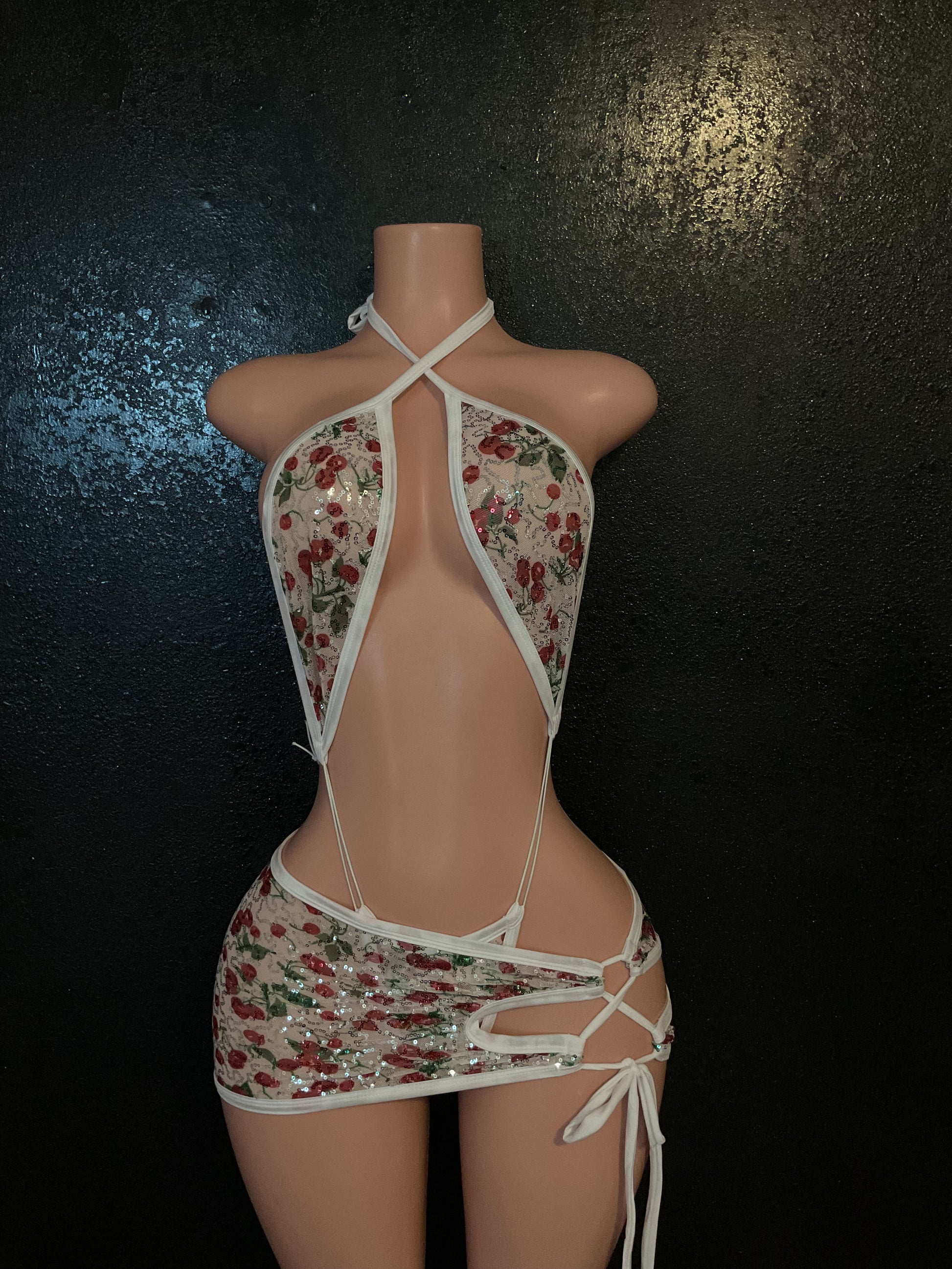 Cherry sequin mesh skirt set