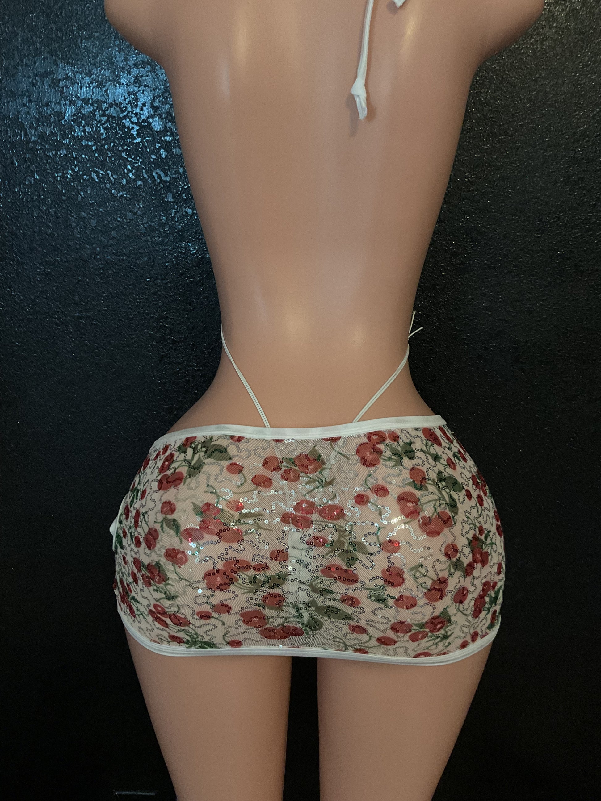 Cherry sequin mesh skirt set