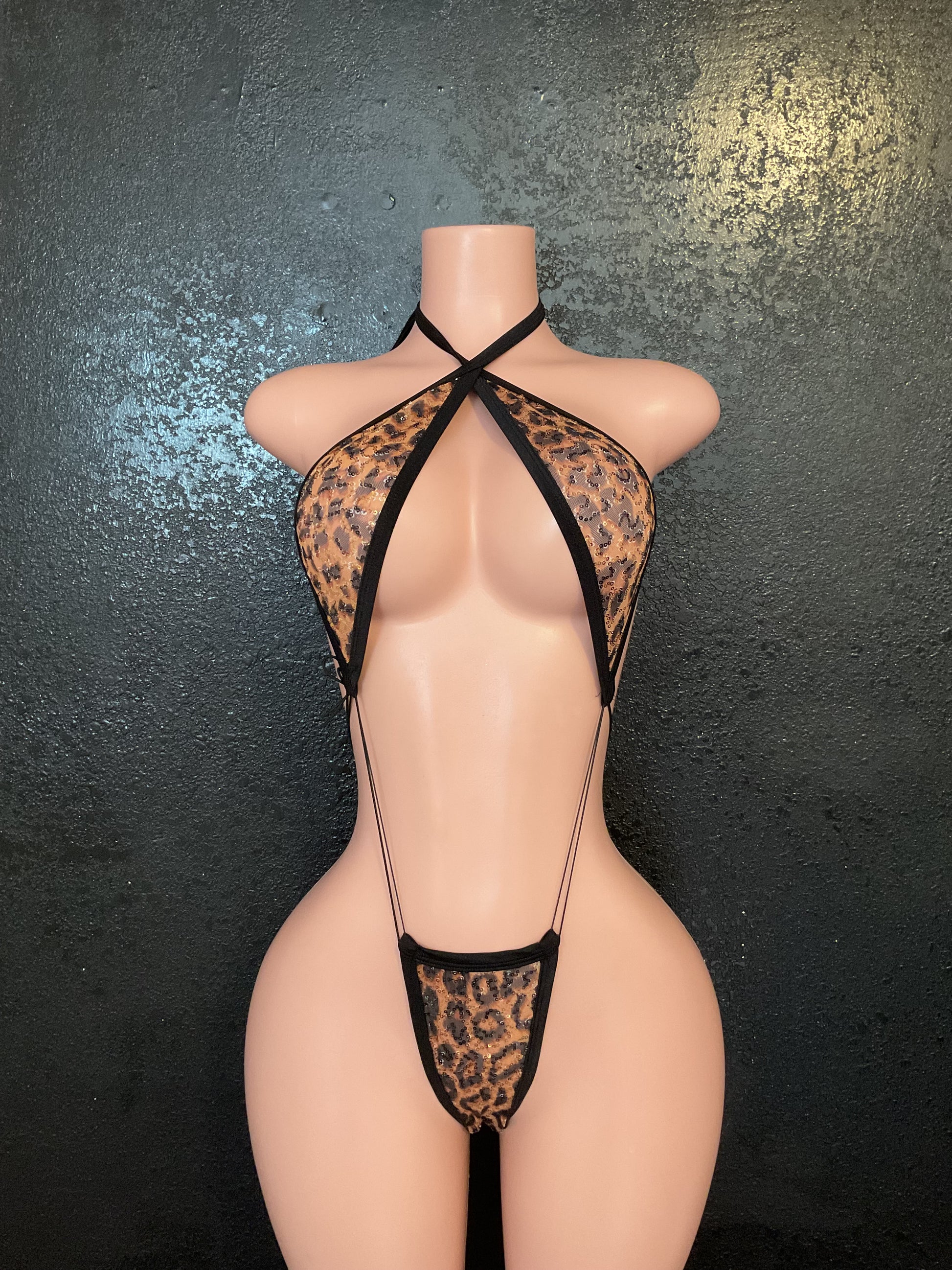 Leopard sequin mesh skirt sling set