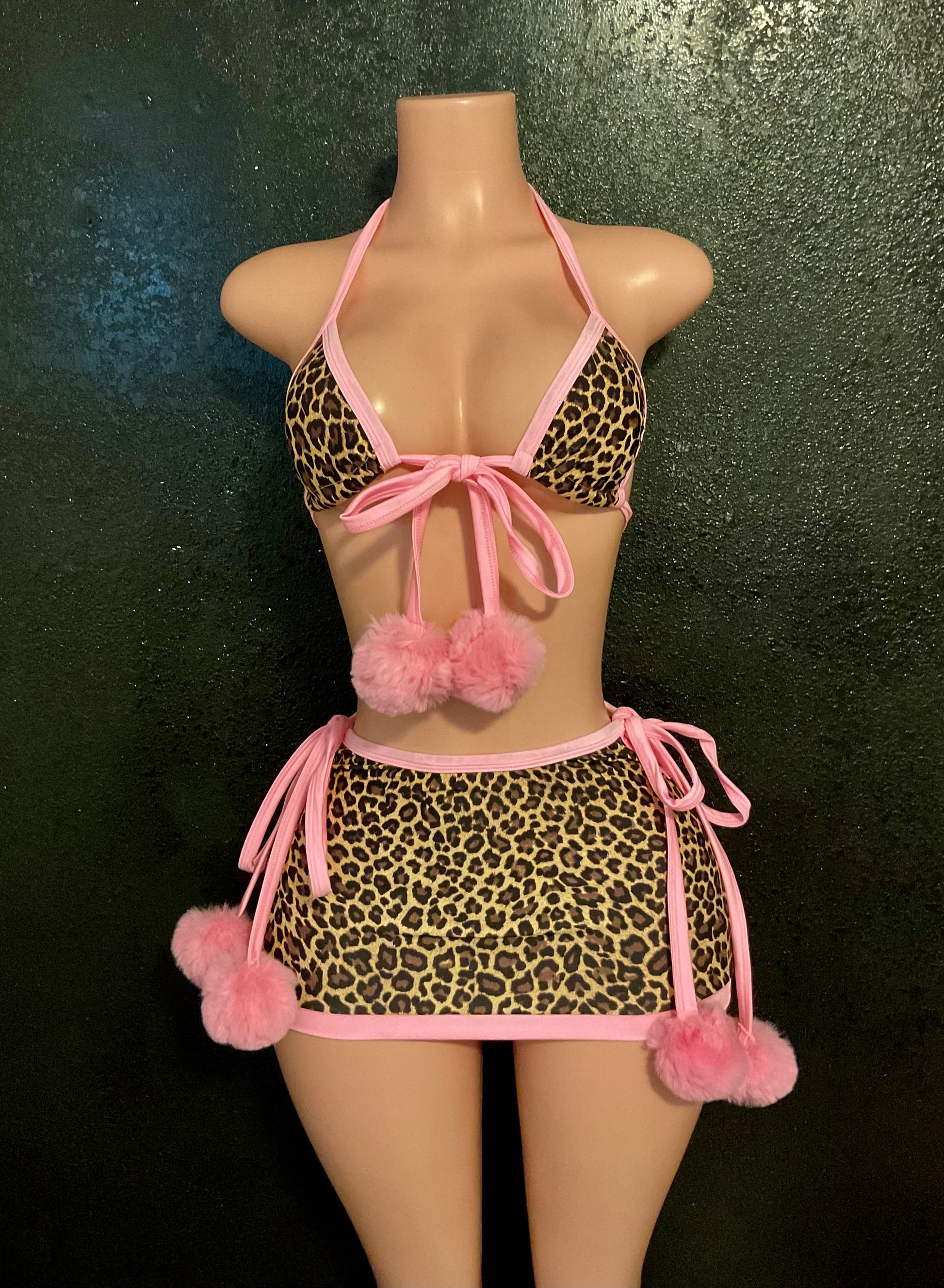 Leopard Pom Pom high waist skirt set