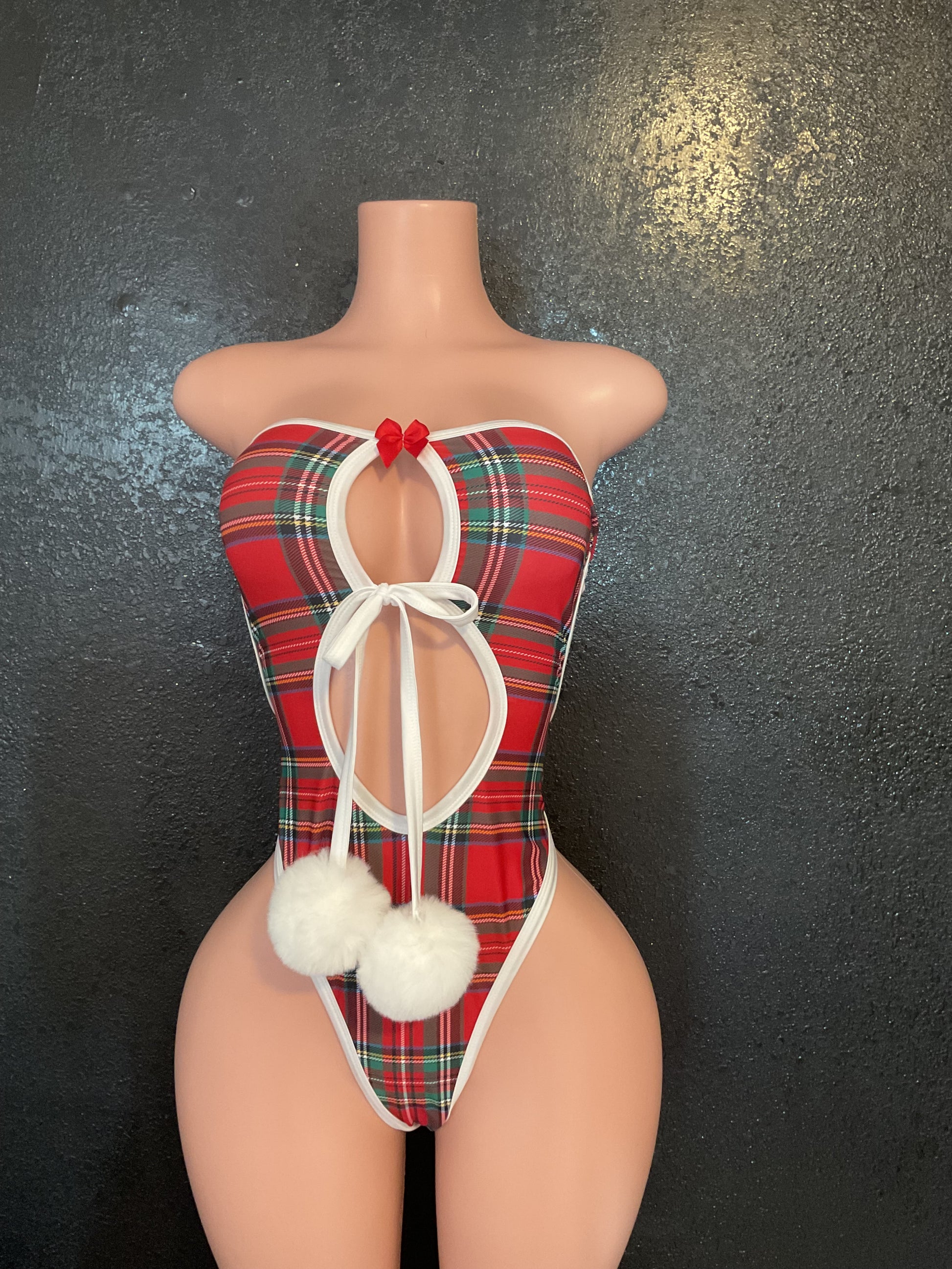 Plaid Pom Pom one piece Christmas holiday