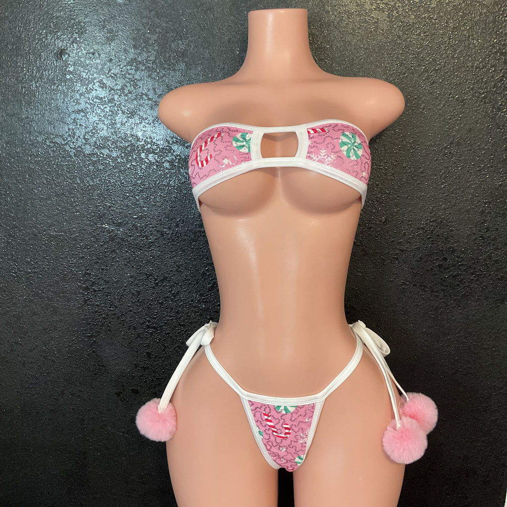 Christmas candy Pom Pom g string bikini