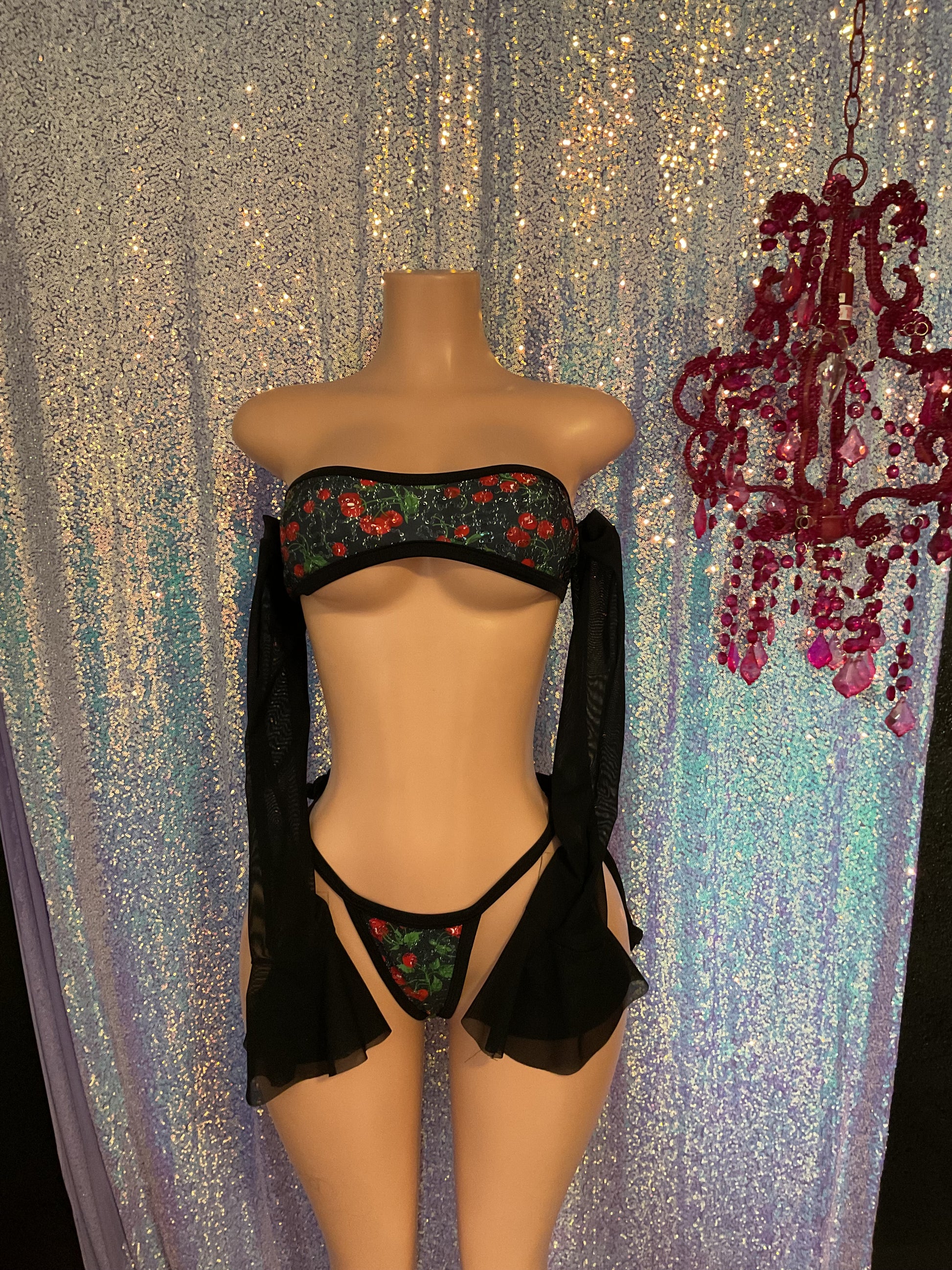 Sequin cherry g string and bell sleeve tube