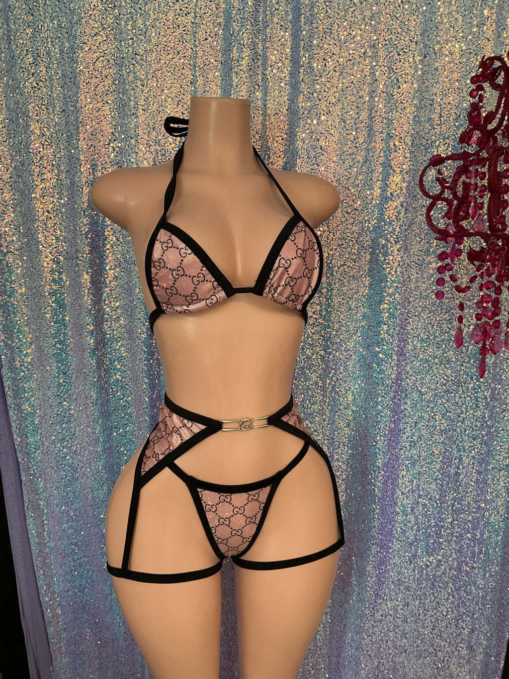 Pink and black garter set