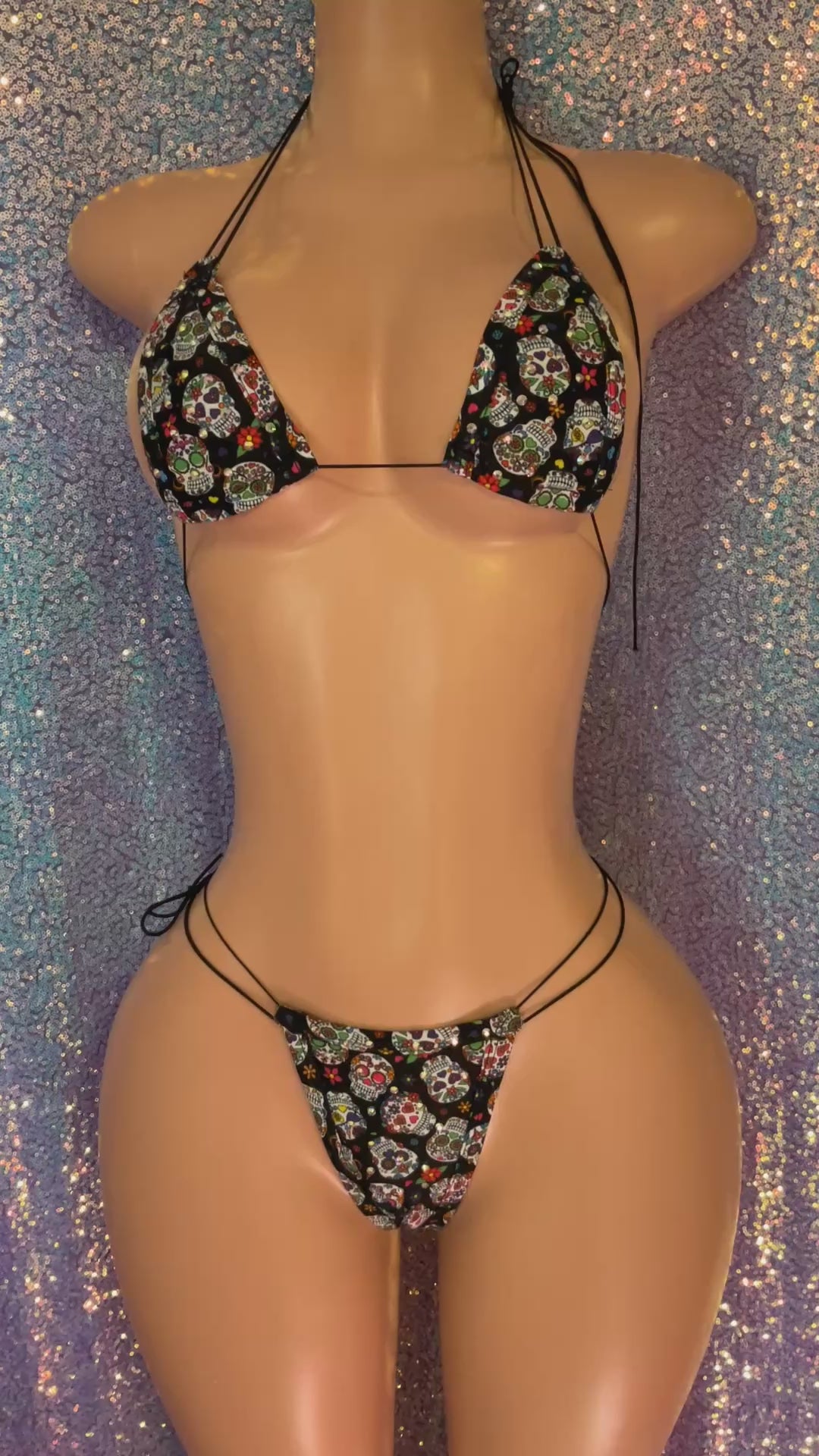 Sugar skull thong bikini glows