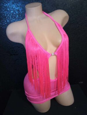 Neon-pink-fringe mini dress with scrunch back