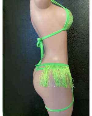 Neon green fring thong garter set